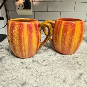 Set Of 2 Oversized Orange and Red Nature, Pumpkin Fall Theme Mugs/Planters